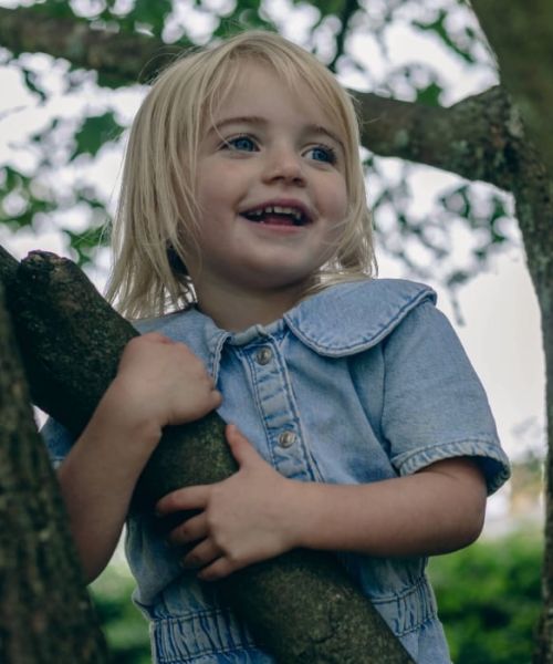 A girl climbs a tree smiling